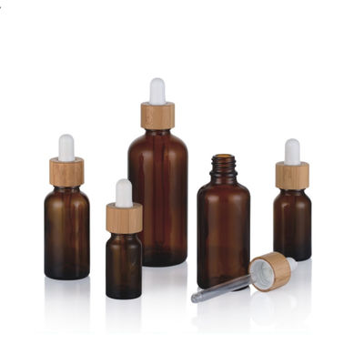 leere Amber Black Essential Oil Glass Tropfflaschen 1oz mit Bambusdeckeln